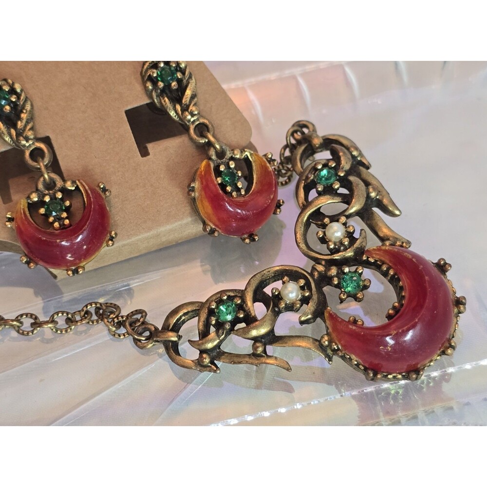 Vintage Enamel Crescent Moon Amber Color Necklace & Earring Set Celestial #785